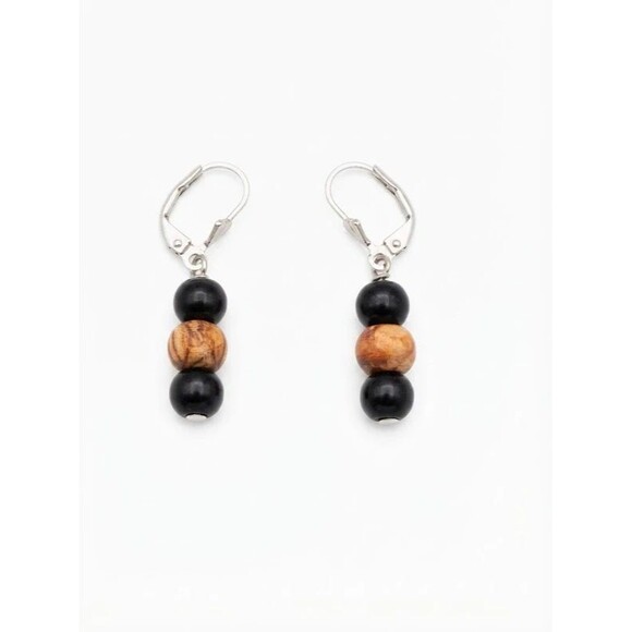 no brand Jewelry - Handmade Black and Tan Wood Bead Dangle Leverback Earrings Artisan Jewelry